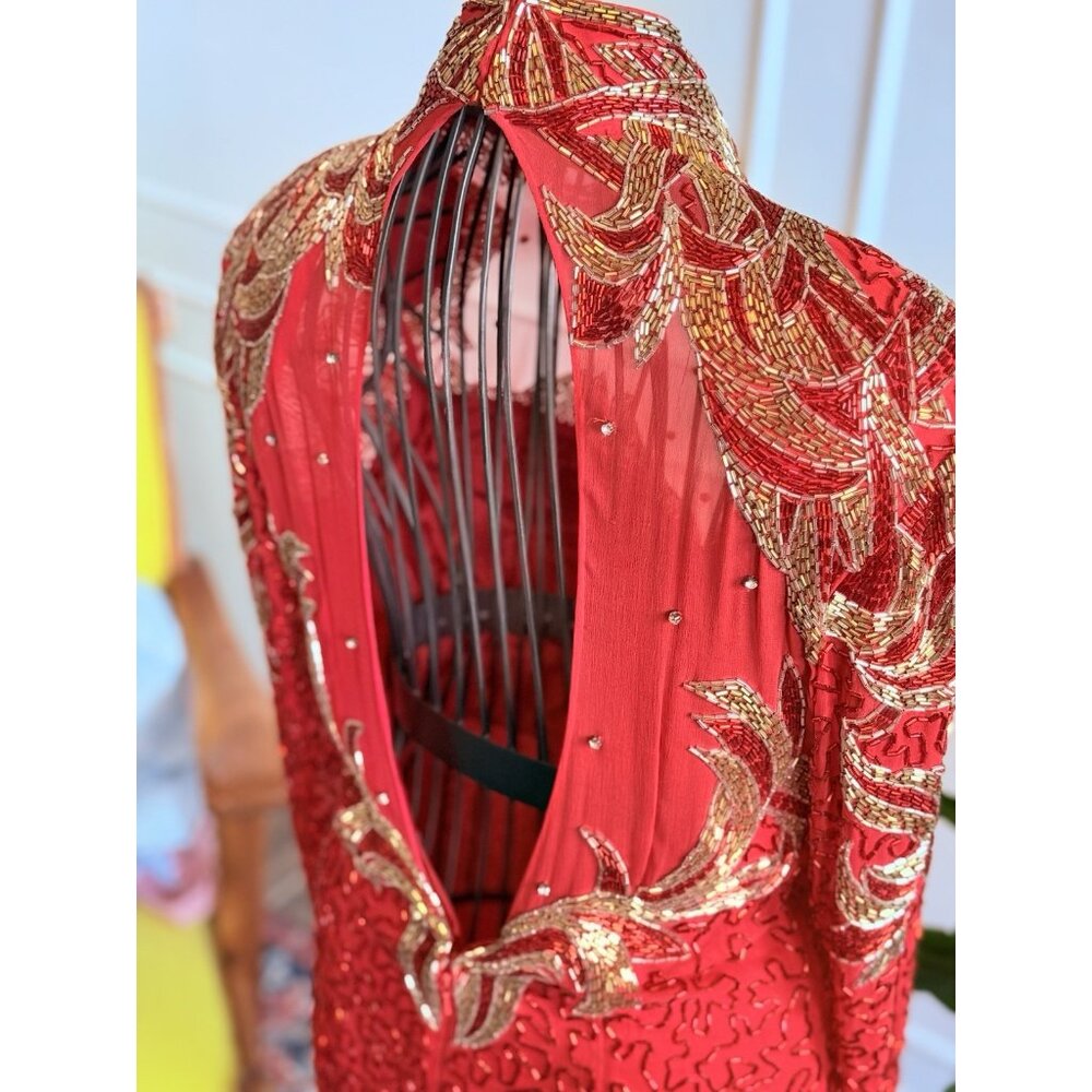 Vintage Beaded Red Evening Dress |  Hollywood Glamour Dress | Red Beaded Dress - Picture 11 of 13